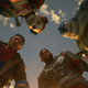 Suicide Squad characters stand in a circle.